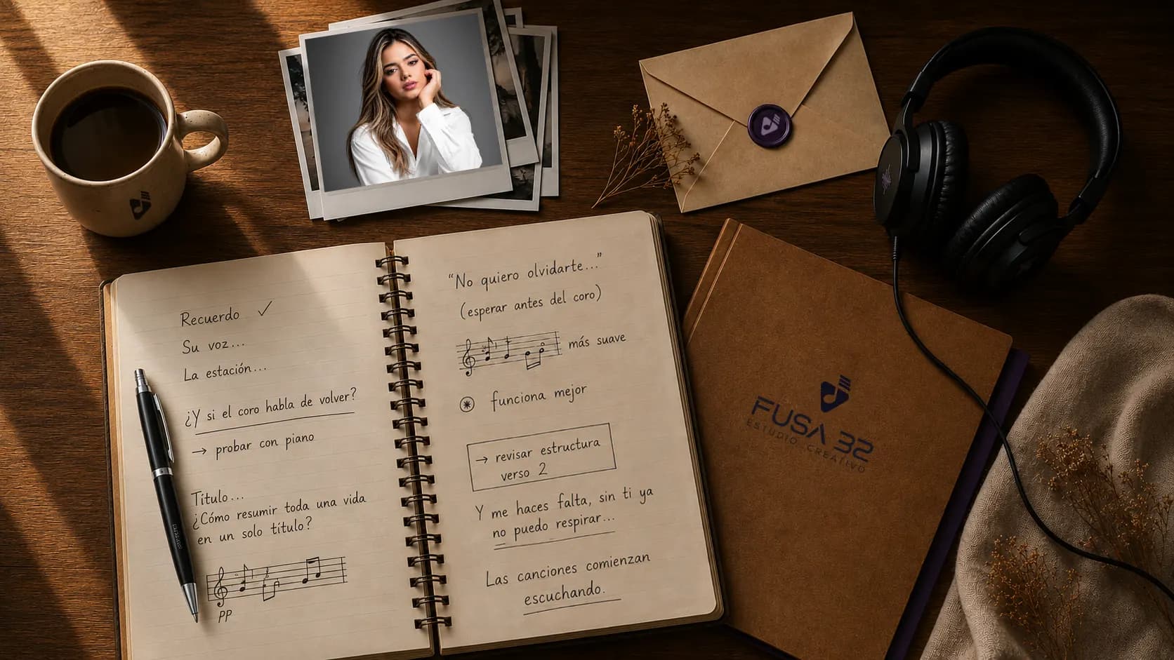 Una mesa de trabajo con un cuaderno, fotografías, audífonos y notas para componer una canción.