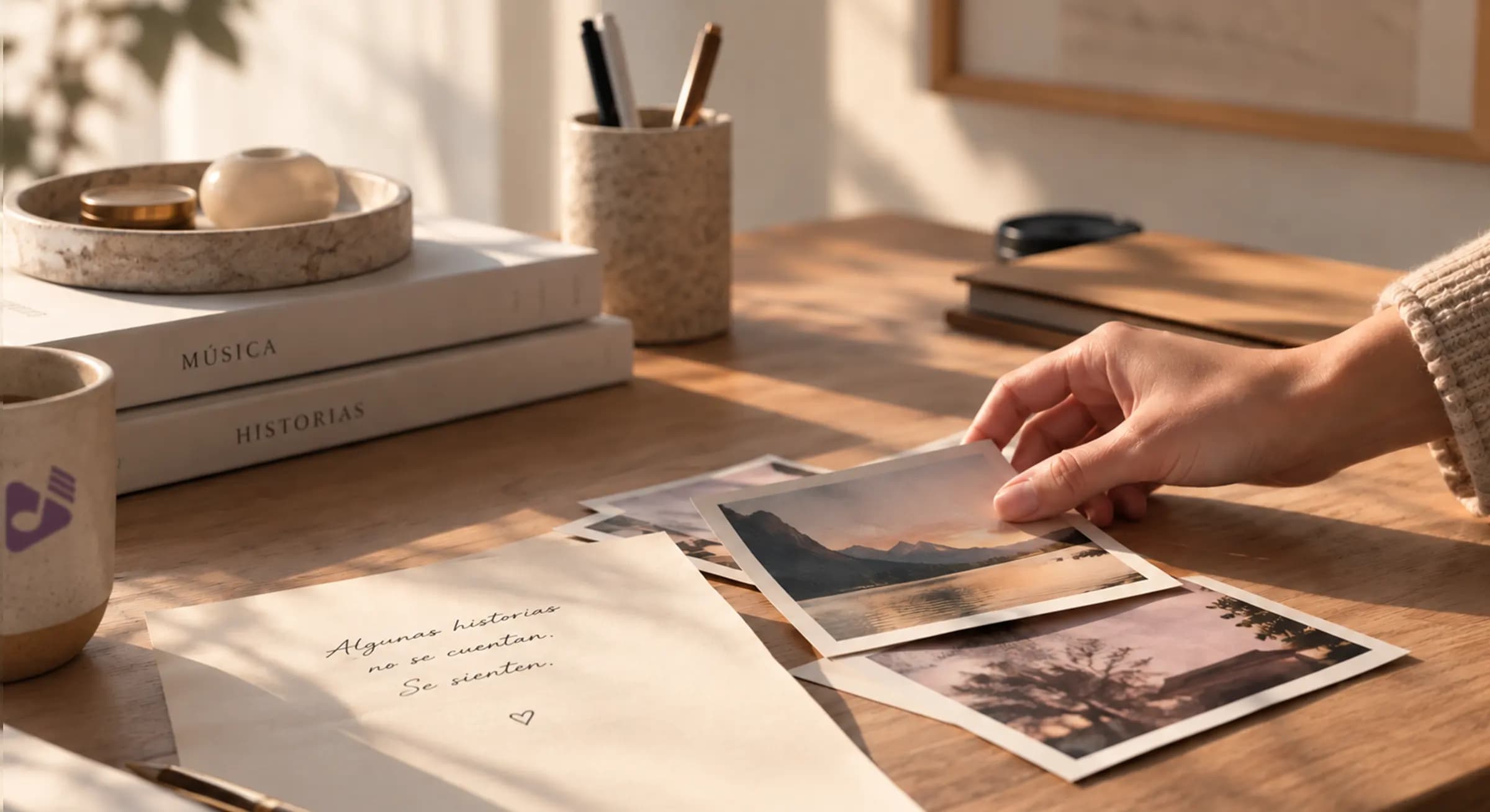 Una mano recorre fotografías y recuerdos sobre una mesa.